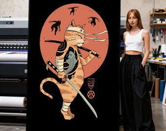 Samurai Cat Canvas Print, Japanese Warrior Illustration, Anime Art