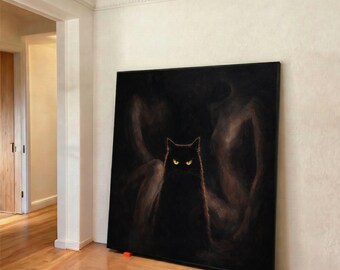 Lienzo de gato negro misterioso con ojos brillantes, arte de pared oscuro y melancólico, figuras abstractas de sombras, decoración gótica para el hogar, impresión lista para colgar.