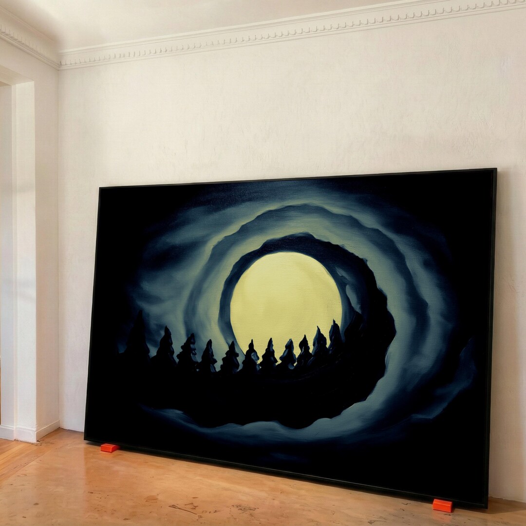 Mystical Full Moon Canvas, Dark Forest Silhouette, Night Sky Wall Art ...