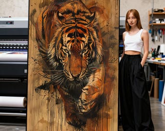 Lienzo de tigre majestuoso, pintura abstracta de vida silvestre, estampado de animales de la jungla, decoración rústica moderna para el hogar, listo para colgar.