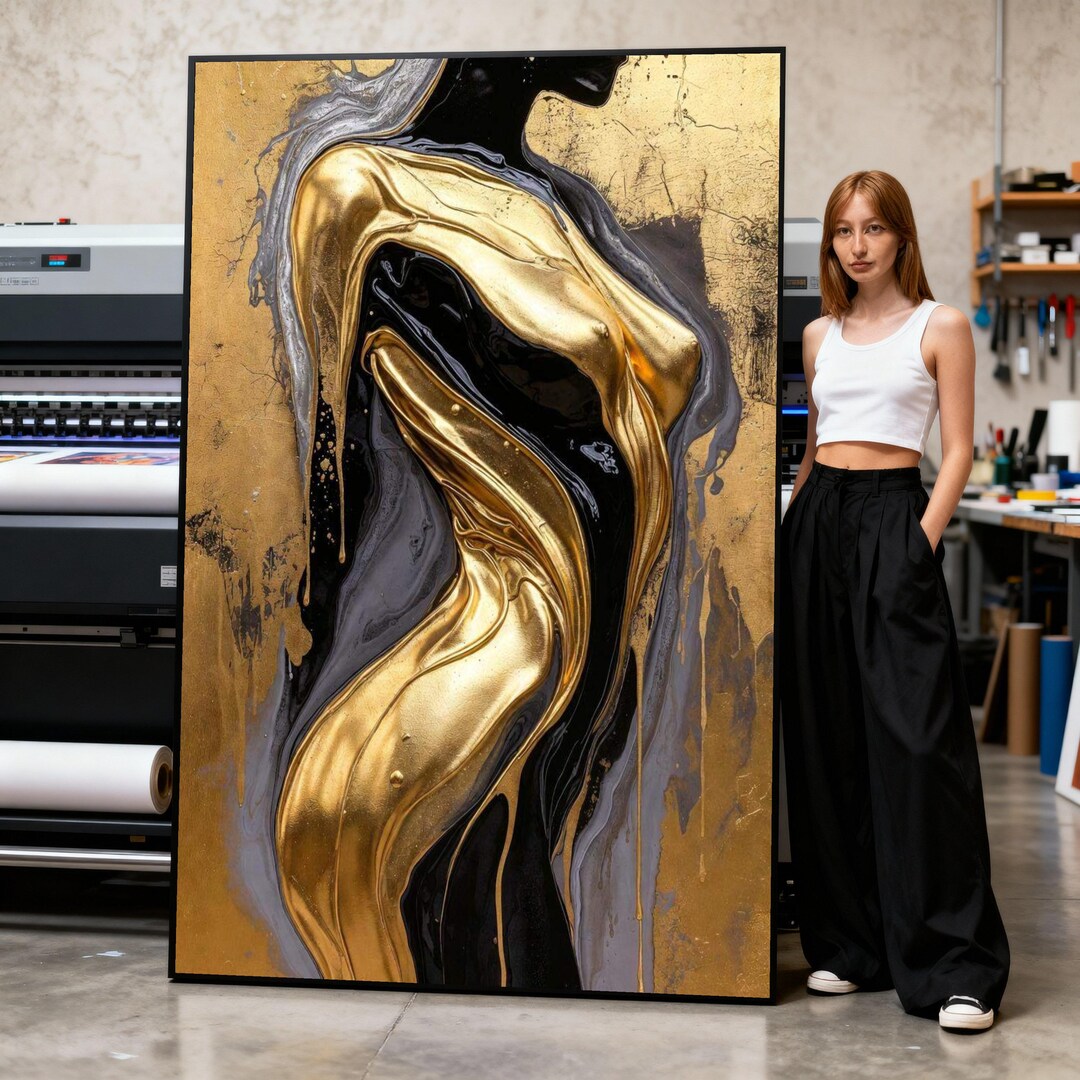 Luxurious Gold and Black Abstract Canvas, Glamorous Fluid Art Wall ...