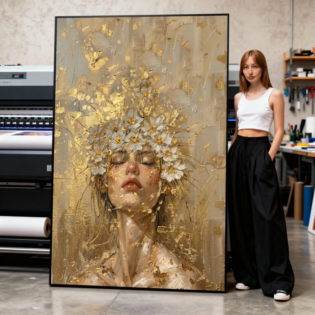 Elegant Woman Portrait Canvas, Floral Crown Wall Art, Gold Painting ...