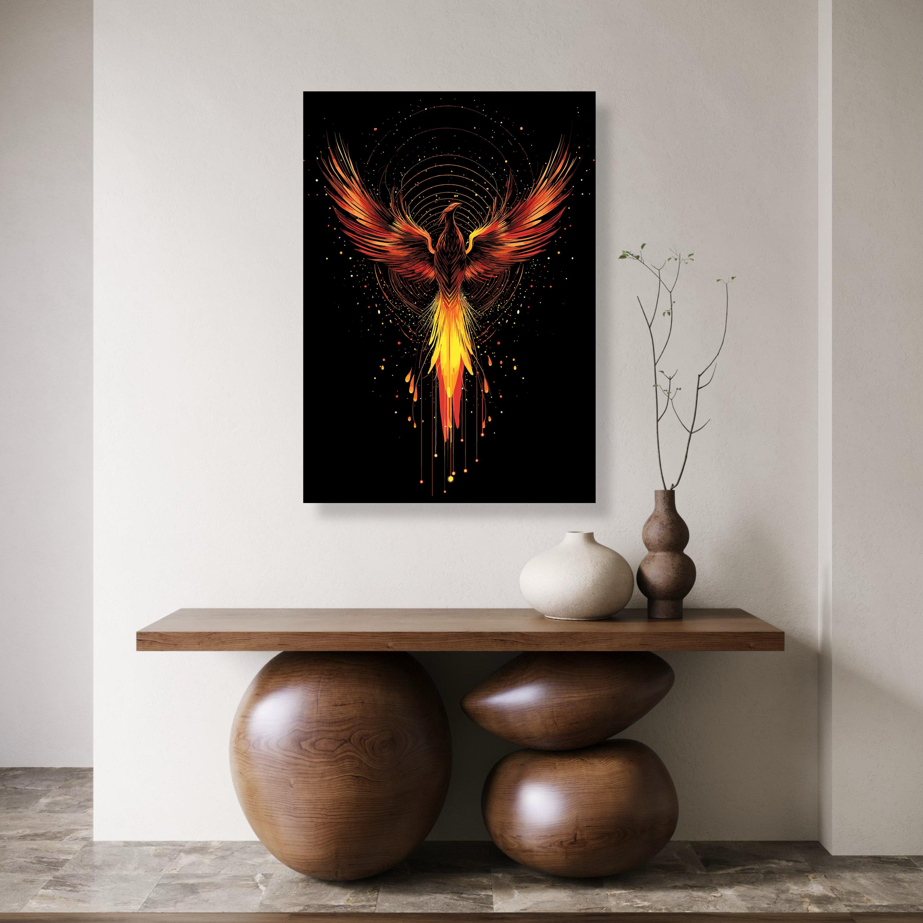 Fiery Phoenix Rising Canvas Wall Art, Mythical Bird Illustration ...