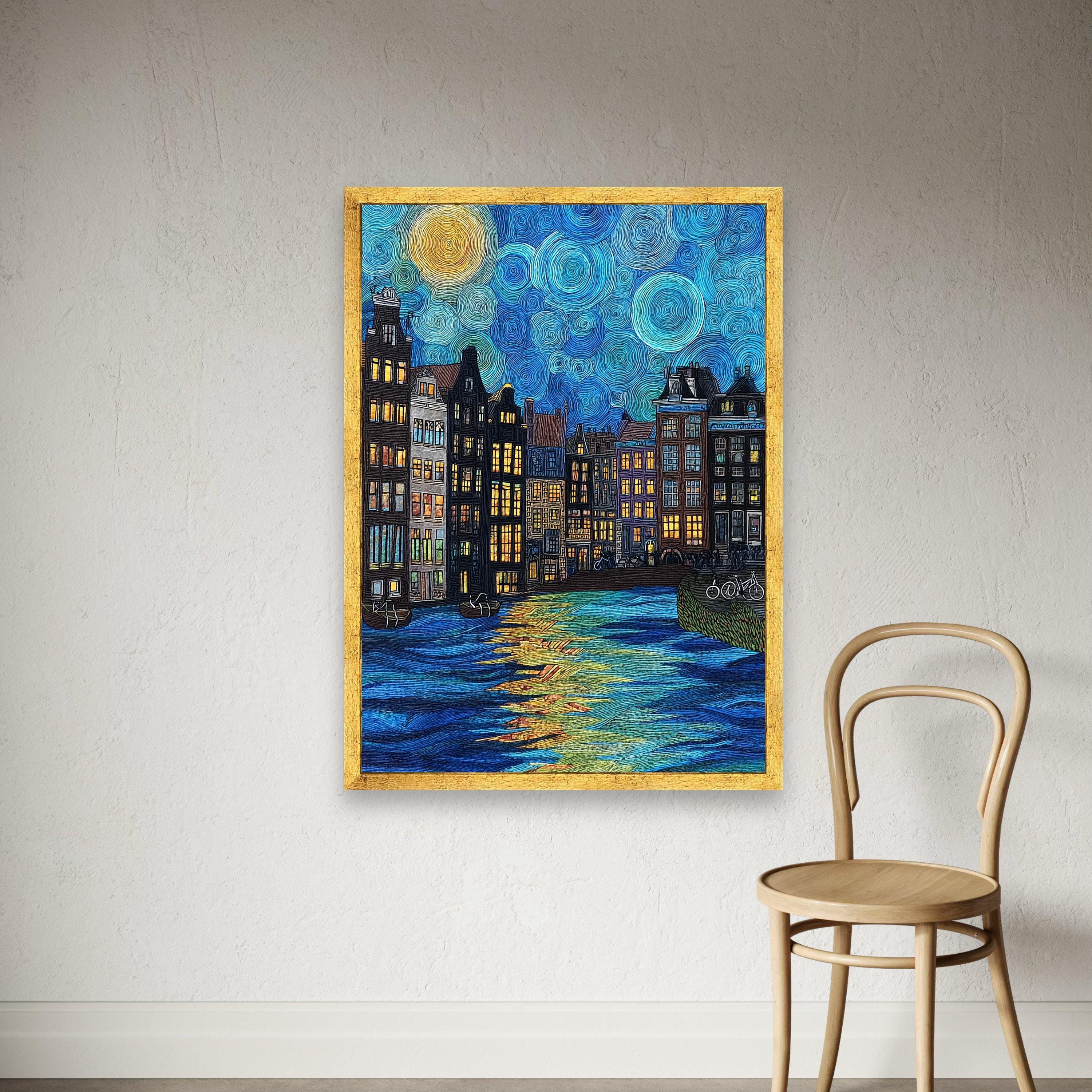Van Gogh Amsterdam Canal Canvas Print, Starry Night Cityscape Wall Art ...
