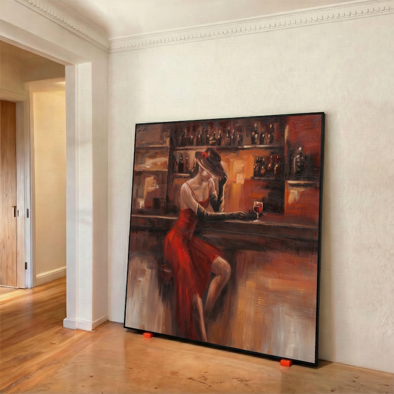 Elegant Woman in Red Dress Canvas, Vintage Bar Scene Wall Art, Retro ...