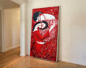 Abstract romantisch omhelzingsdoek, rode kunst liefdespaar, moderne abstracte wanddecoratie, canvas met oprechte expressie, gepassioneerde printkunst