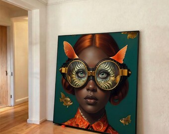 Surreal Aquatic Vision, Steampunk Goggles Canvas, Fantasy Portrait Wall Art, Goldfish and Water Theme, Modern Decorative Canvas, Print Art