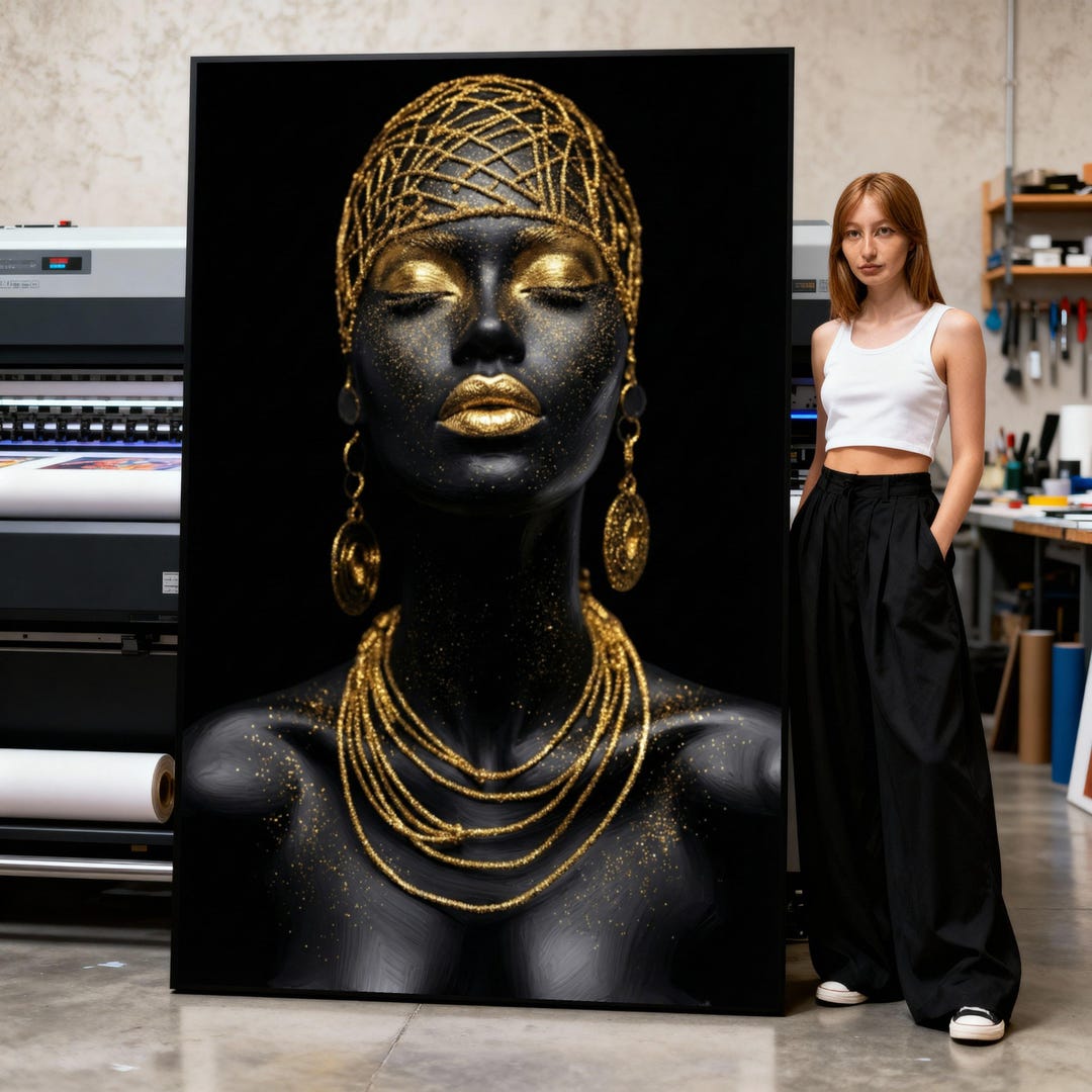 Elegant Black and Gold Woman Portrait Canvas, Abstract Glamour Wall Art ...