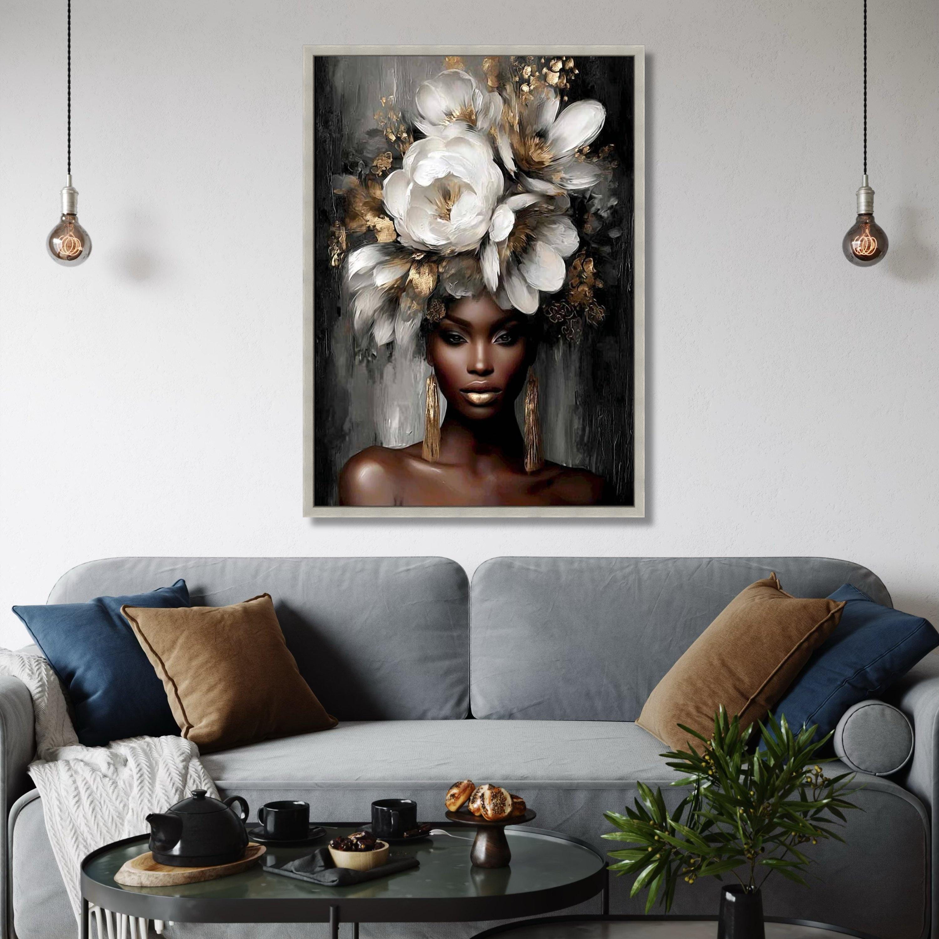 Elegant Black Woman Portrait Canvas, Floral Headpiece Wall Art, Gold ...