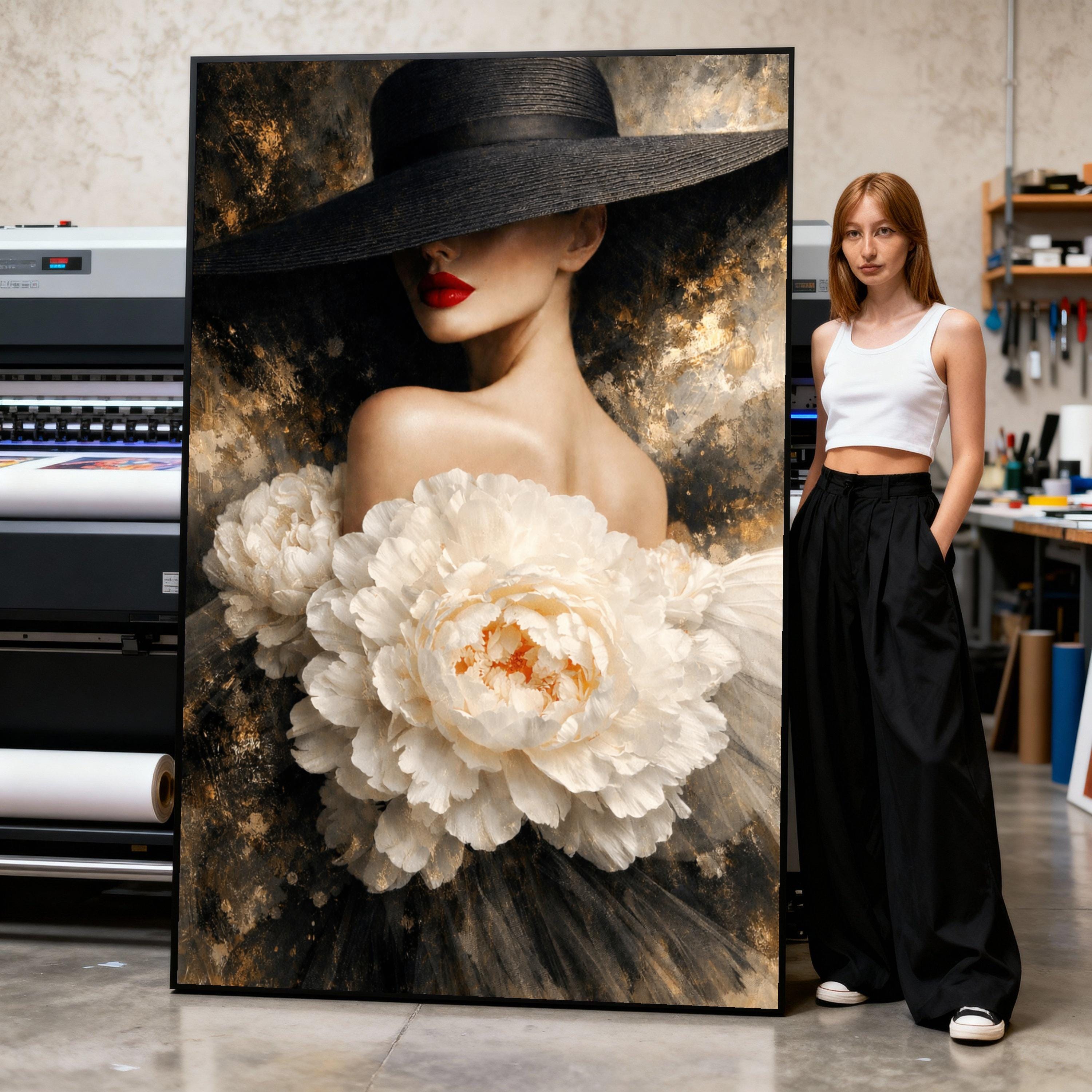 Elegant Woman With Black Hat and White Peonies, Fine Art Canvas Wall ...