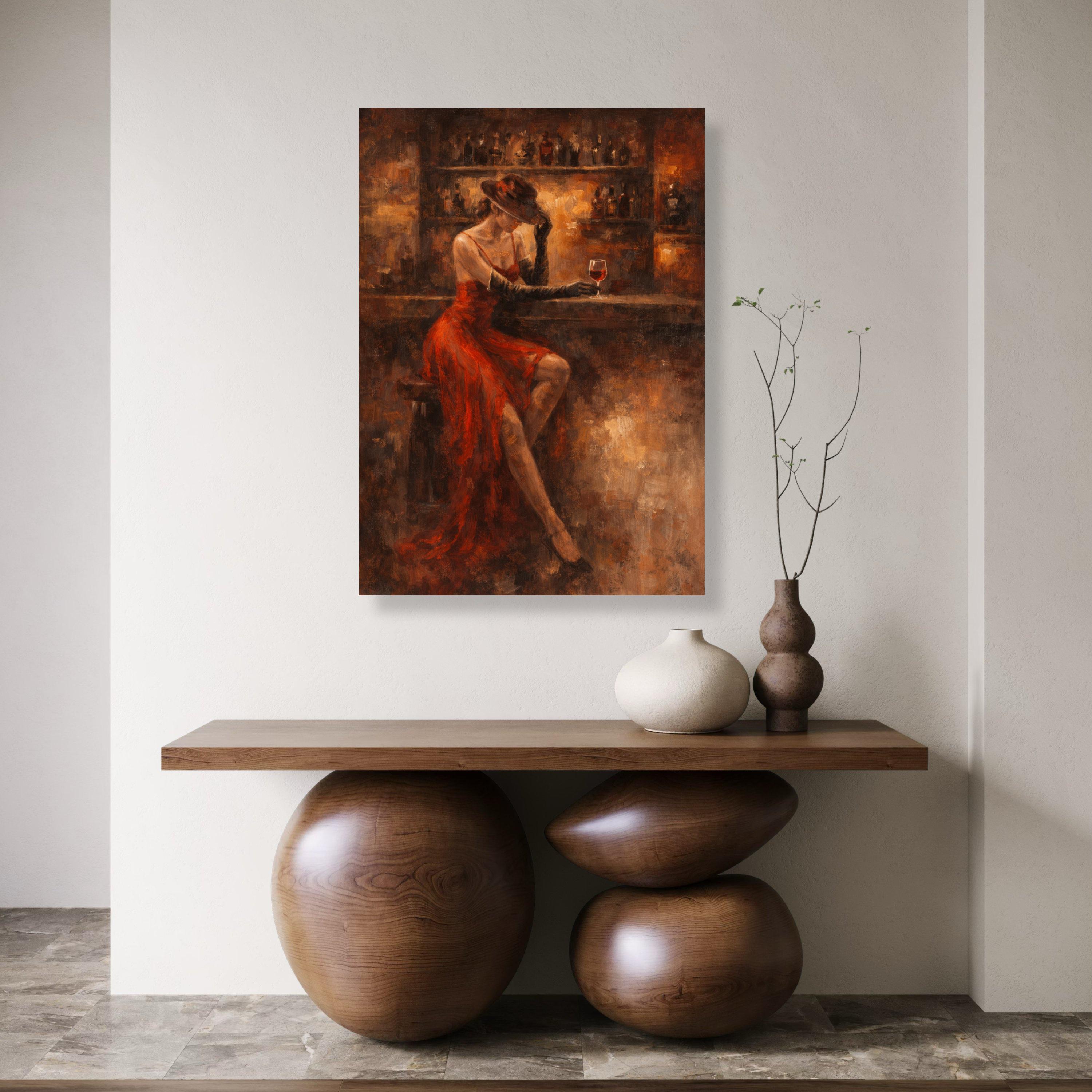 Elegant Woman in Red Dress Canvas, Vintage Bar Scene Wall Art ...