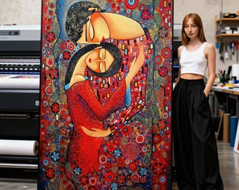 Omhelzing van de liefde, abstract paar canvas muurkunst, romantische rode bloemdessin, modern expressionistisch schilderij, interieur canvas, print kunst