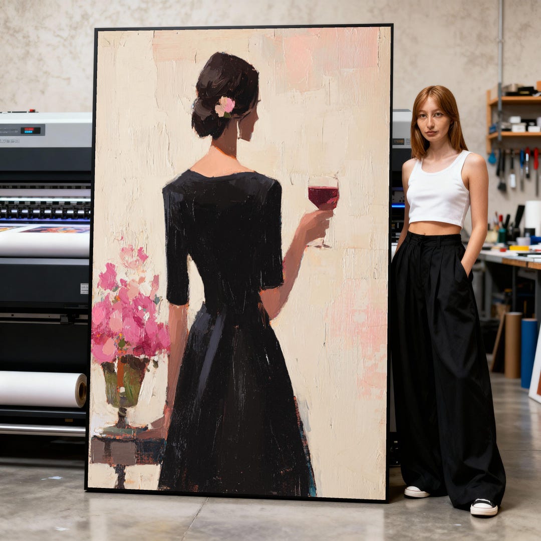 Woman in Black Dress Canvas Print, Vintage Style Portrait, Floral ...