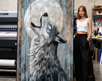 Quadro em tela com lobo uivando, decoração rústica para noite de luar, pintura de animal selvagem, decoração para casa com tema da natureza, arte impressa em fundo de madeira.