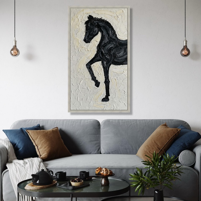 Black Stallion Canvas Wall Art, Abstract Horse Painting, Animal Art ...
