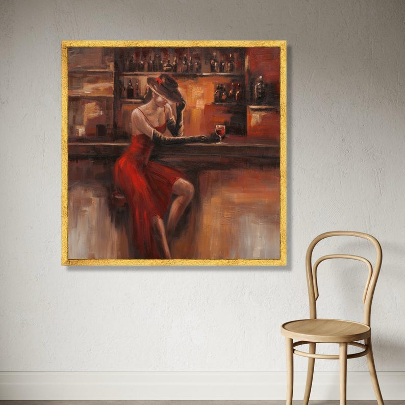 Elegant Woman in Red Dress Canvas, Vintage Bar Scene Wall Art, Retro ...