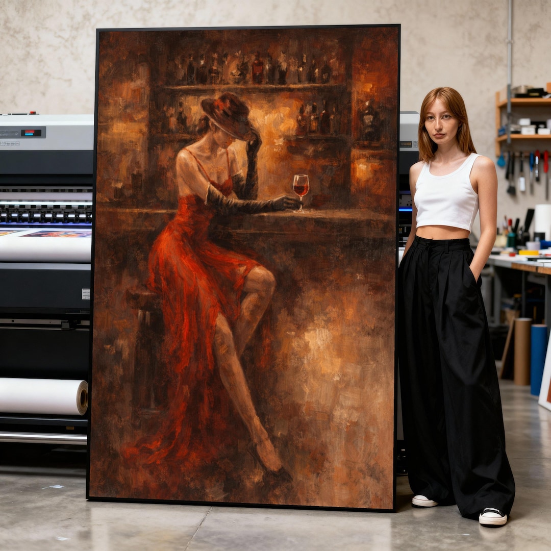 Elegant Woman in Red Dress Canvas, Vintage Bar Scene Wall Art ...