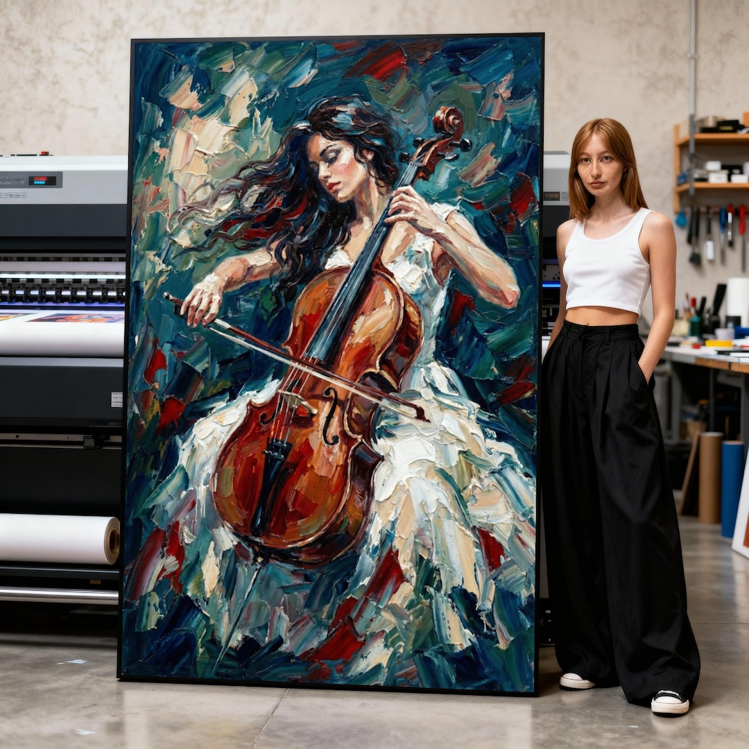Woman Playing Cello Canvas, Musician Portrait Wall Art, Abstract ...