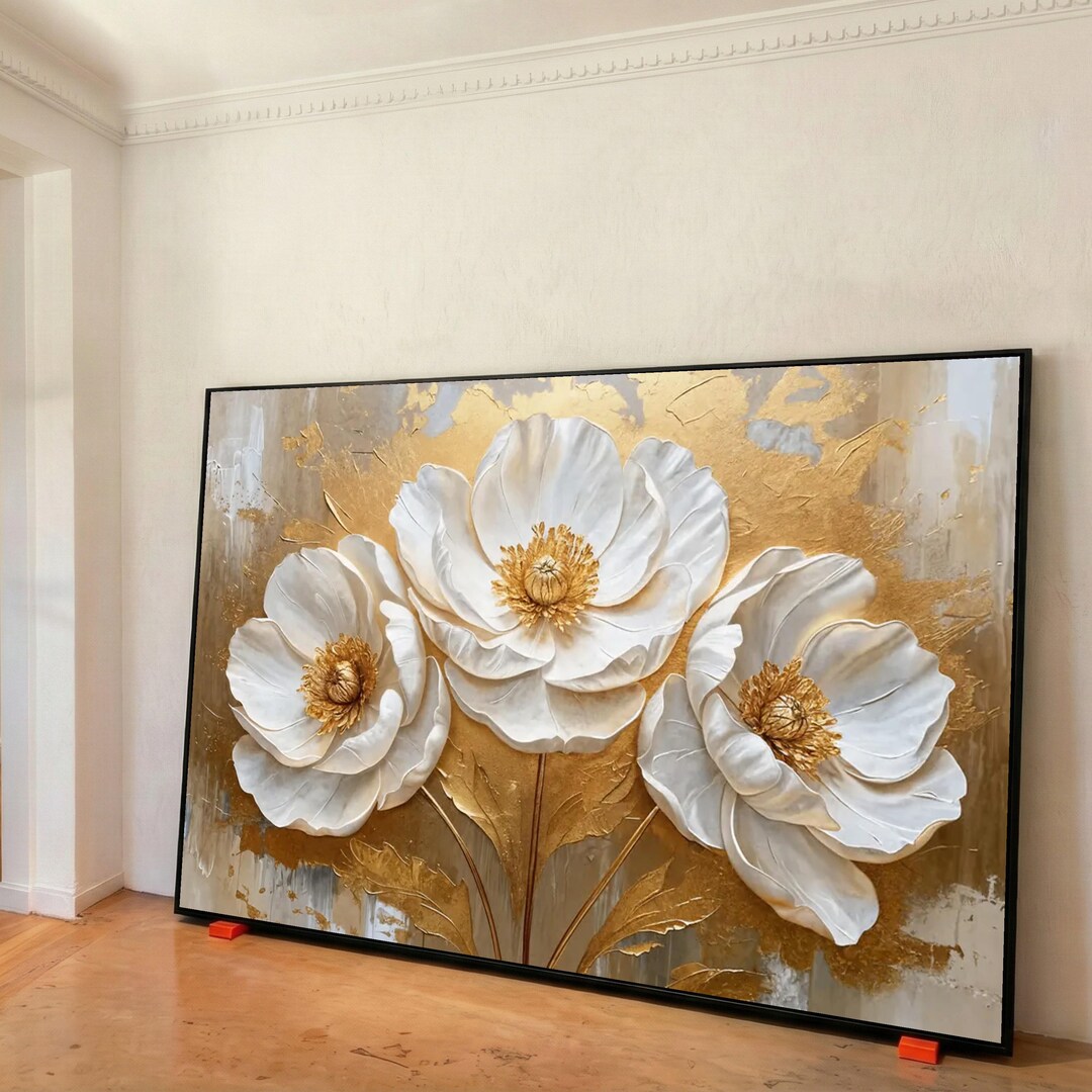 Elegant White and Gold Floral Canvas, Effect Flower Wall Art, Luxury ...