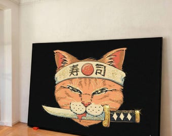 Samurai Cat Canvas, Japanese Warrior, Anime Style Wall Art