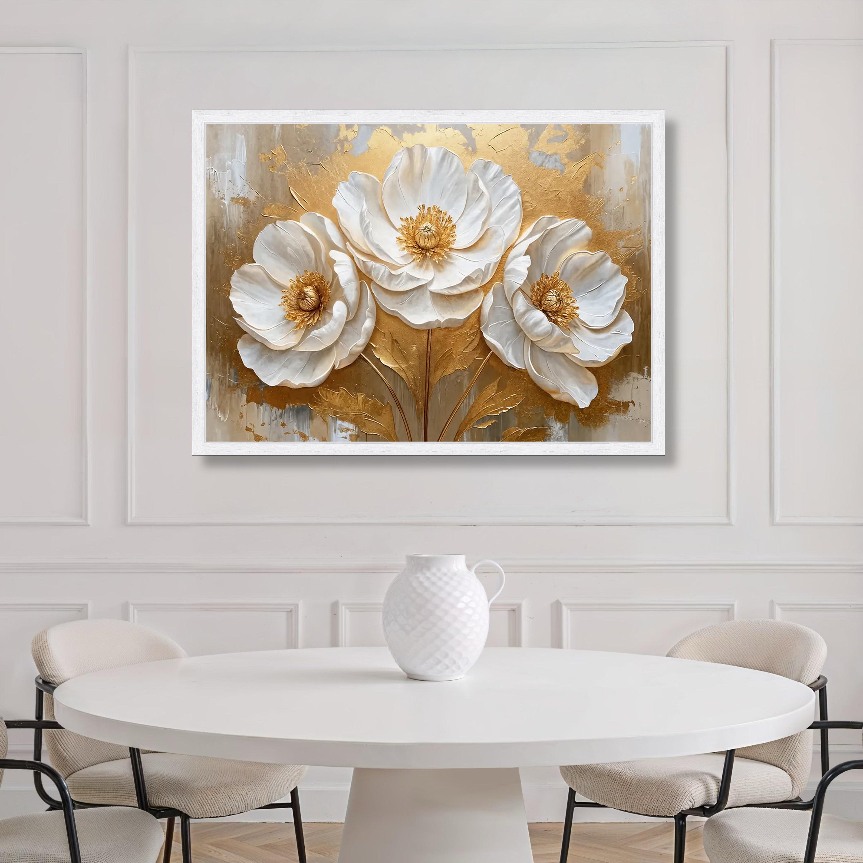 Elegant White and Gold Floral Canvas, Effect Flower Wall Art, Luxury ...