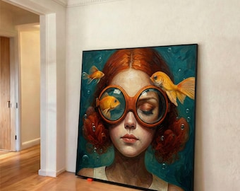 Surreal Girl with Goldfish Goggles Canvas, Underwater Fantasy Portrait, Whimsical Wall Art, Colorful Surrealism Painting, Home Print Art