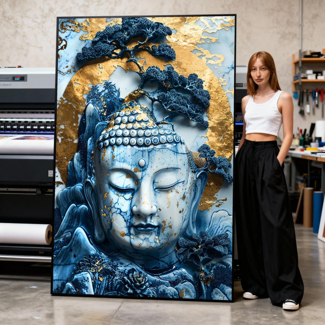Serene Buddha Face Canvas Wall Art, Blue Marble With Gold Leaf Accents ...