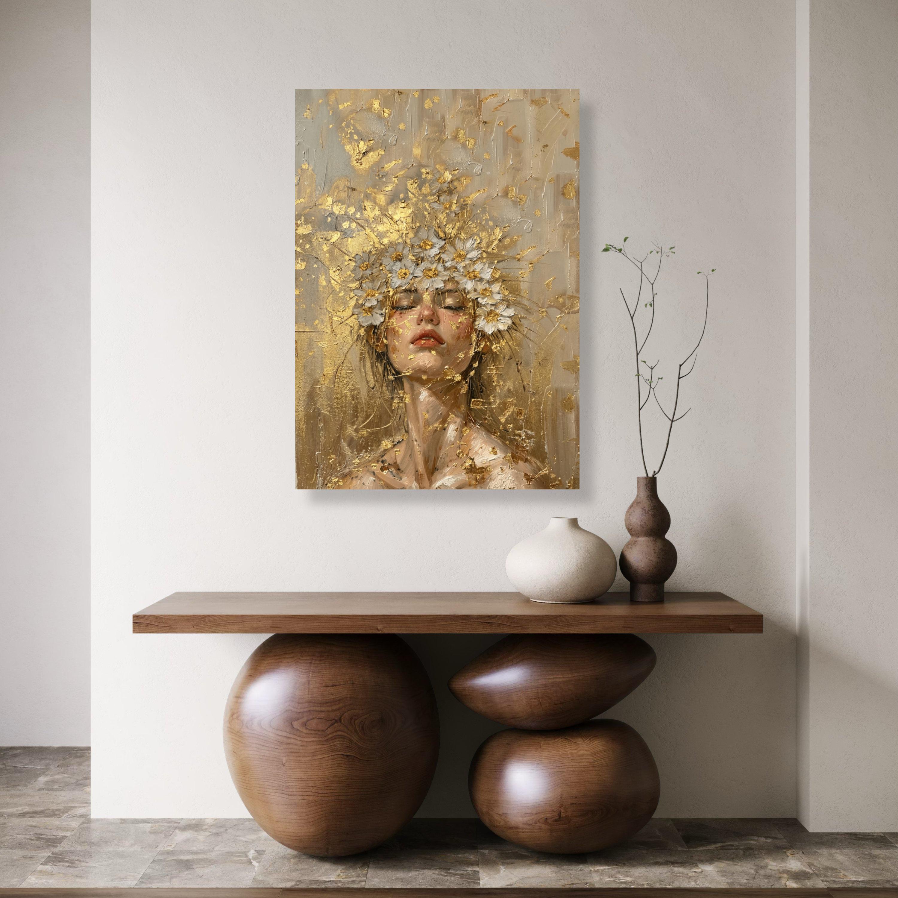 Elegant Woman Portrait Canvas, Floral Crown Wall Art, Gold Painting ...