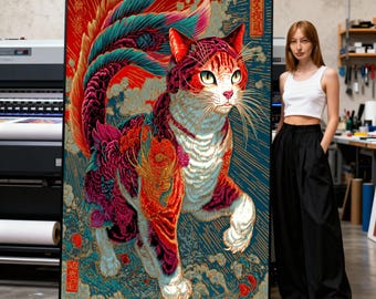 Japanische Tattoo Katze Leinwand, mythische orientalische Wandkunst