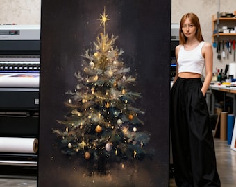 Golden Glow Christmas Tree Canvas, Festive Holiday Wall Art