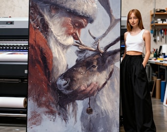 Santa and Reindeer Canvas Print, Christmas Holiday Wall Art