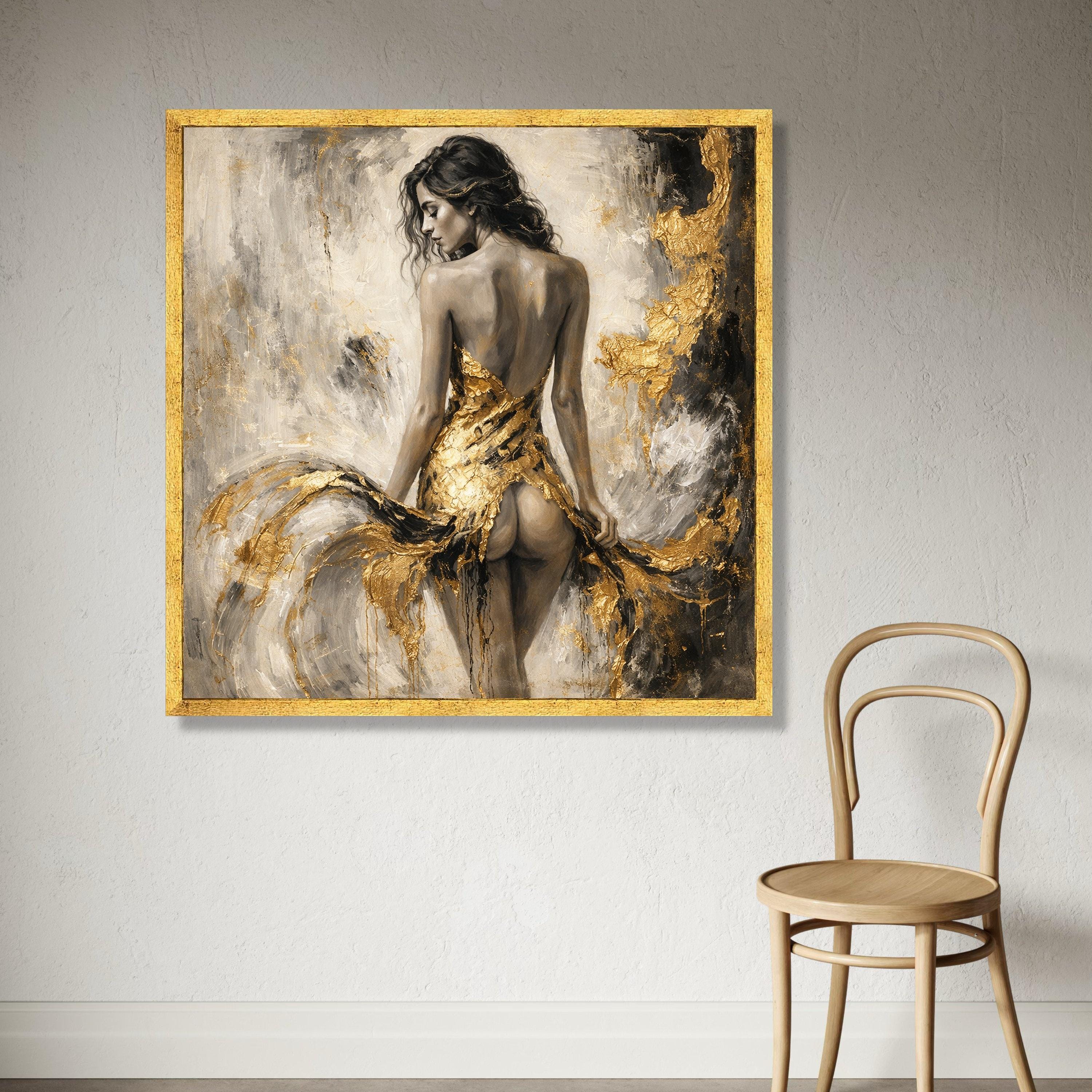 Elegant Woman in Gold Dress Canvas, Abstract Female Figure Wall Art ...