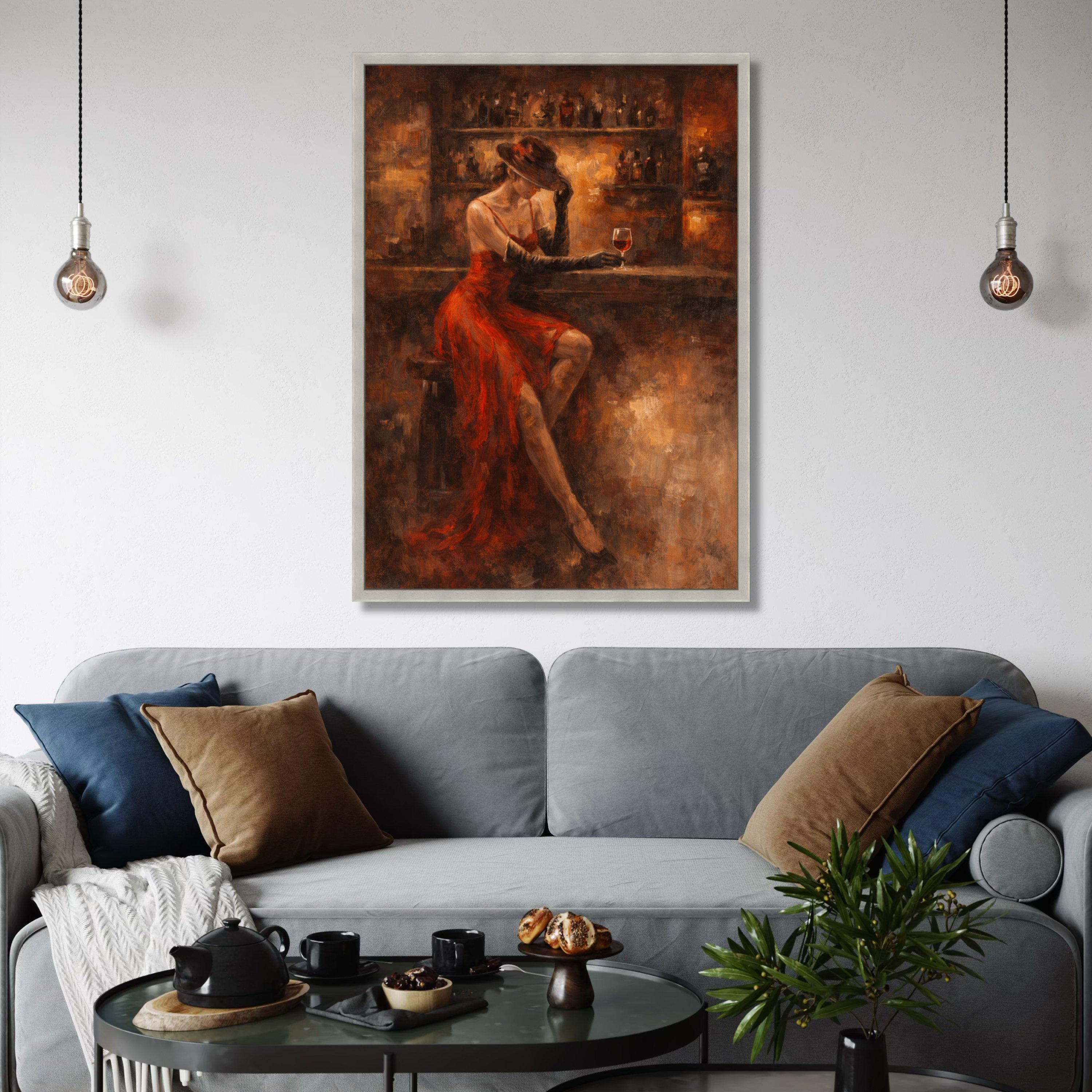 Elegant Woman in Red Dress Canvas, Vintage Bar Scene Wall Art ...