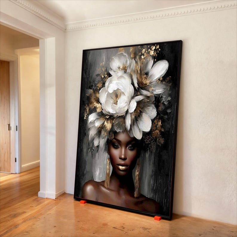 Elegant Black Woman Portrait Canvas, Floral Headpiece Wall Art, Gold ...
