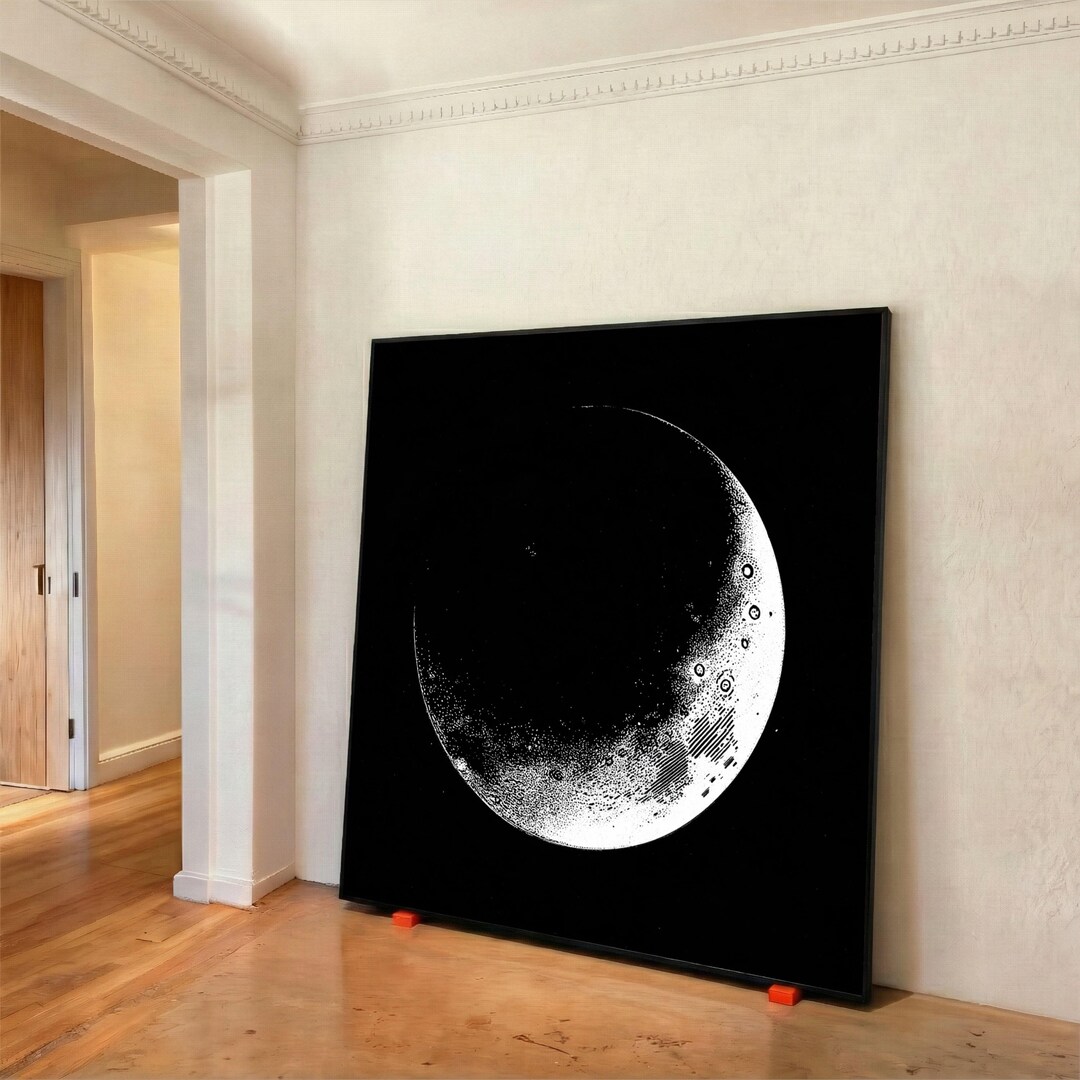Black and White Moon Canvas Wall Art, Lunar Surface Illustration ...