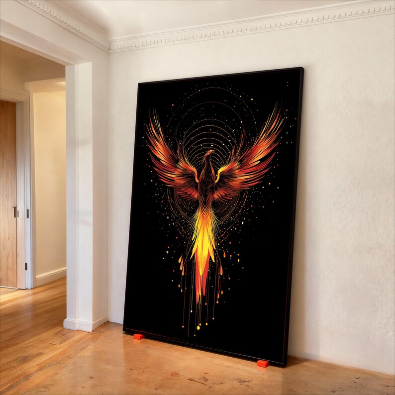 Fiery Phoenix Rising Canvas Wall Art, Mythical Bird Illustration ...