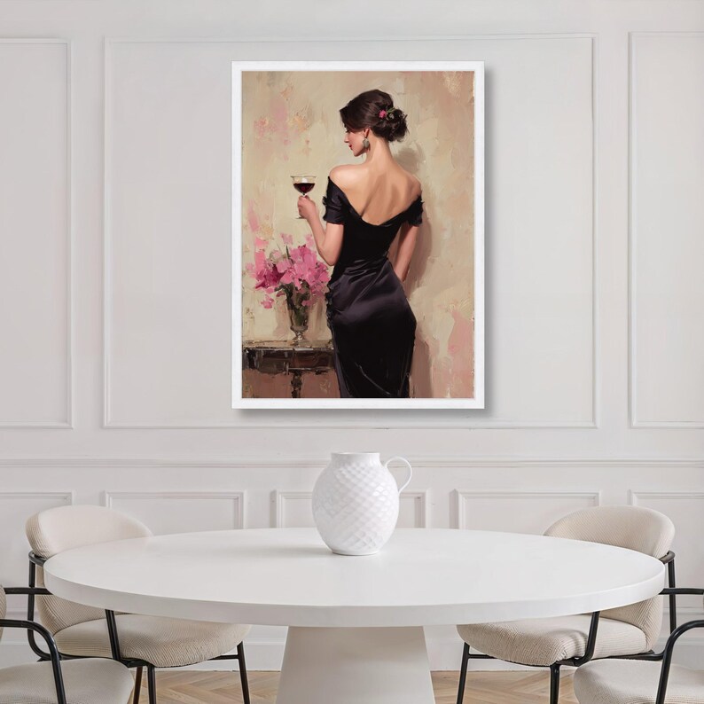 Woman in Black Dress Canvas Print, Vintage Style Portrait, Floral ...