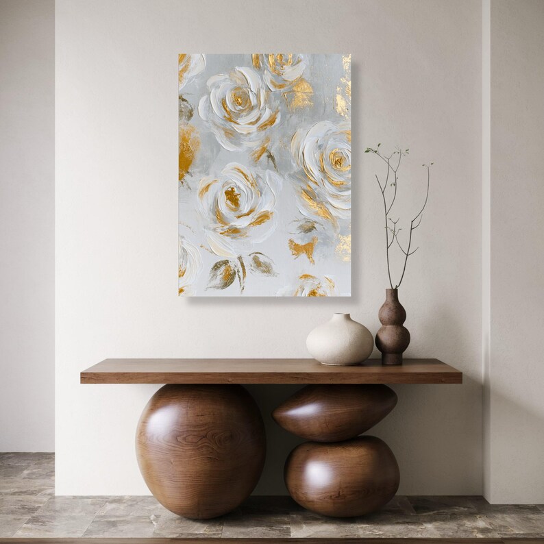 Elegant White and Gold Rose Canvas Wall Art, Floral Painting Canvas ...