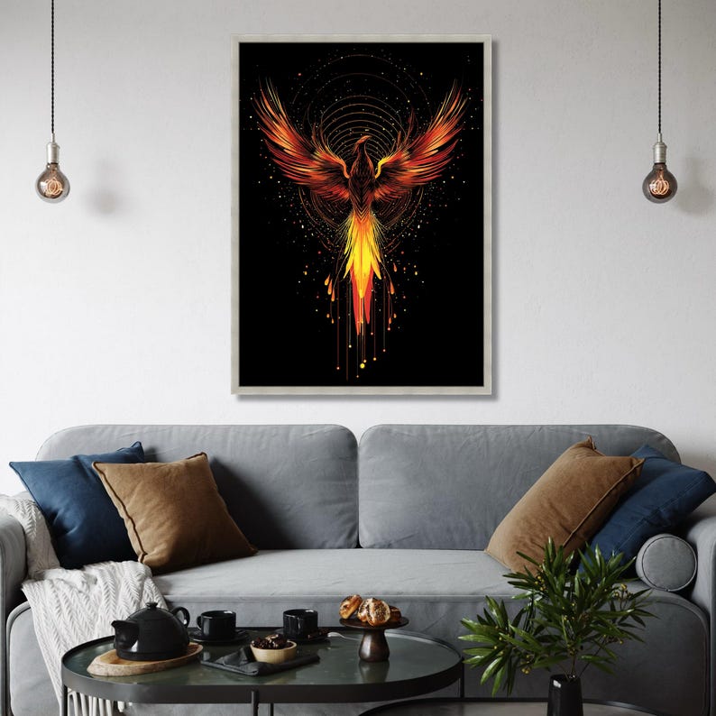Fiery Phoenix Rising Canvas Wall Art, Mythical Bird Illustration ...