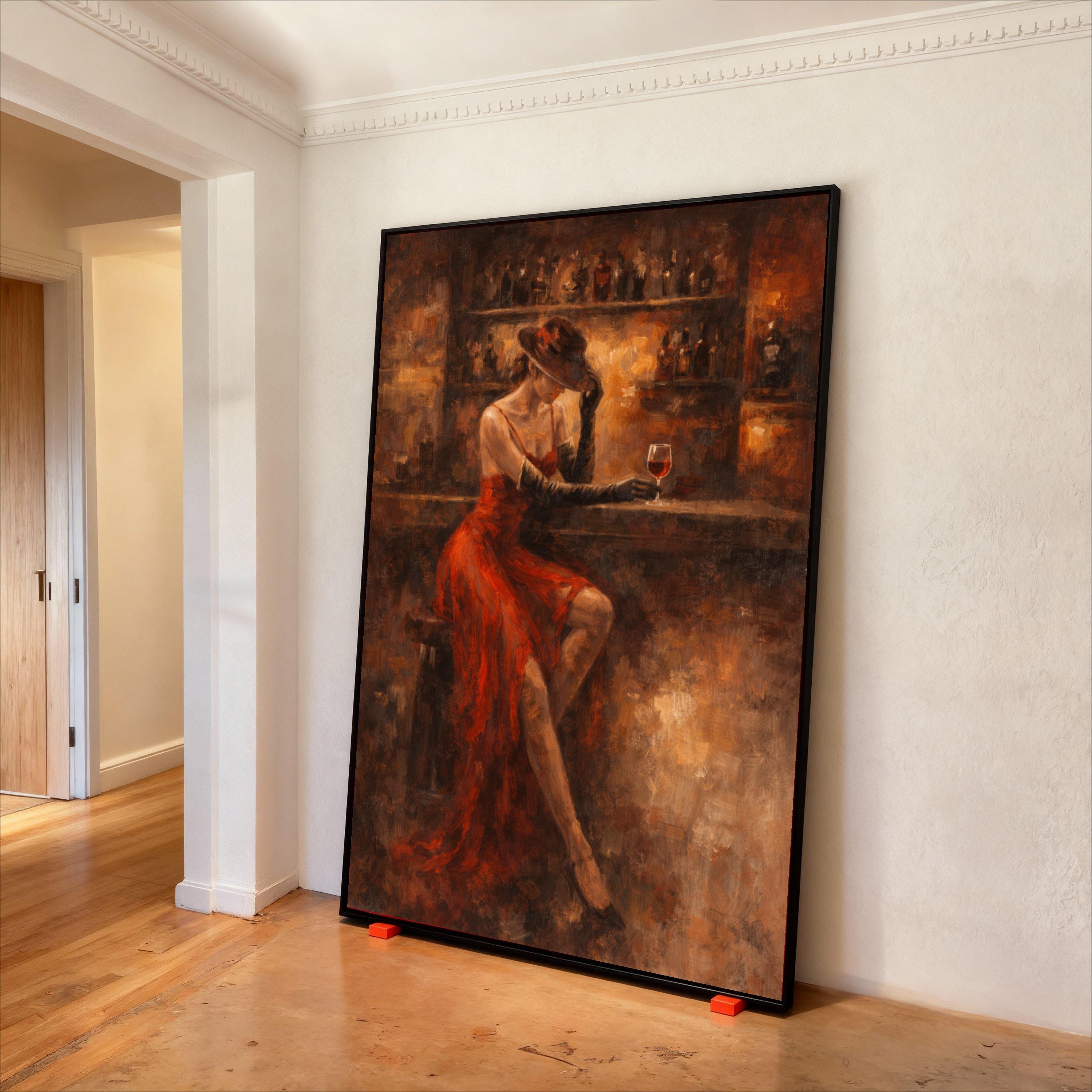 Elegant Woman in Red Dress Canvas, Vintage Bar Scene Wall Art ...