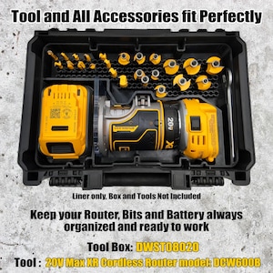 May include: Black tool box with yellow and black router, bits, and battery. The text on the image reads "Tool and All Accessories fit Perfectly" and "Keep your Router, Bits and Battery always organized and ready to work."