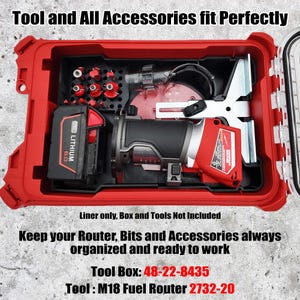 May include: Red tool case with a black interior, housing a router, battery, and various accessories. The text on the case reads "Tool and All Accessories fit Perfectly" and "Keep your Router, Bits and Accessories always organized and ready to work."