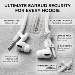 May include: A close-up of white earbuds secured to a gray hoodie drawstring. The image highlights two modes: standard use, where the earbud slides freely, and ultra-secure mode, using a C-clip design and a knot. Text reads "ULTIMATE EARBUD SECURITY FOR EVERY HOODIE."