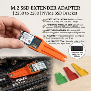May include: An orange 3D printed M.2 SSD extender adapter bracket for converting 2230 to 2280 form factors. The image displays the adapter holding an SSD, installed on a motherboard, and includes additional green, red, and yellow brackets.