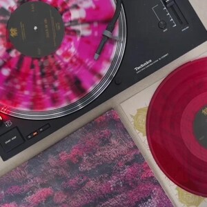 Peut inclure: Une platine Technics noire avec un disque vinyle tie-dye rose et noir en cours de lecture. Un disque vinyle rouge uni et une pochette d'album sont à côté de la platine. La pochette de l'album a un motif floral.