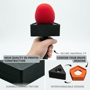 K&ouml;nnte beinhalten: Eine schwarze, 3D-gedruckte Mikrofonflagge mit rotem Schaumstoff-Windschutz. Die Flagge hat eine haltbare, geschichtete Textur und austauschbare Designs. Der Text lautet: "HIGH-QUALITY 3D-PRINTED CONSTRUCTION", "SECURE UNIVERSAL FIT" und "CHOOSE YOUR SHAPE DESIGNS".