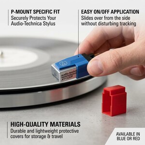 Może przedstawiać: Niebiesko-srebrny rysik Audio-Technica z czerwoną osłoną ochronną. Tekst na rysiku brzmi "audio-technica AT112EP". Obraz zawiera również tekst "P-MOUNT SPECIFIC FIT", "EASY ON/OFF APPLICATION", "HIGH-QUALITY MATERIALS" i "AVAILABLE IN BLUE OR RED".