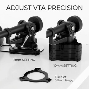 May include: Black VTA adjustment components for a turntable, with the text "ADJUST VTA PRECISION." The image shows two setups: one at 2mm setting and another at 10mm setting, along with a full set (1-12mm range) component.