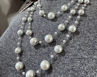 Layered Faux Pearl Necklace Multi Strand Classic Pearl Statement Necklace Silver Tone
