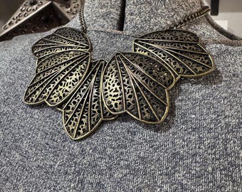 Large Bronze Leaf Statement Necklace Bold Bib Necklace Boho Metal Collar